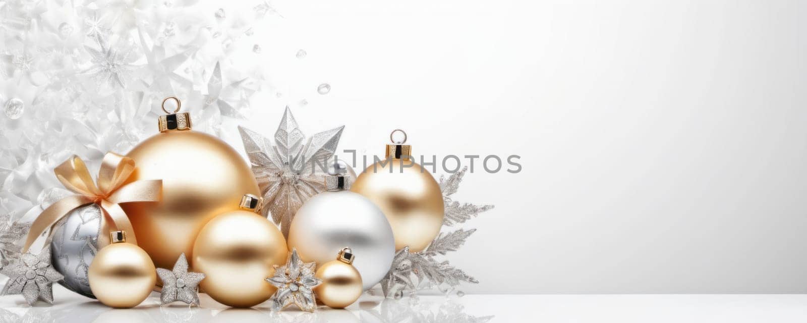 An elegant display of golden Christmas decorations against a snowy backdrop, creating a festive and luxurious atmosphere