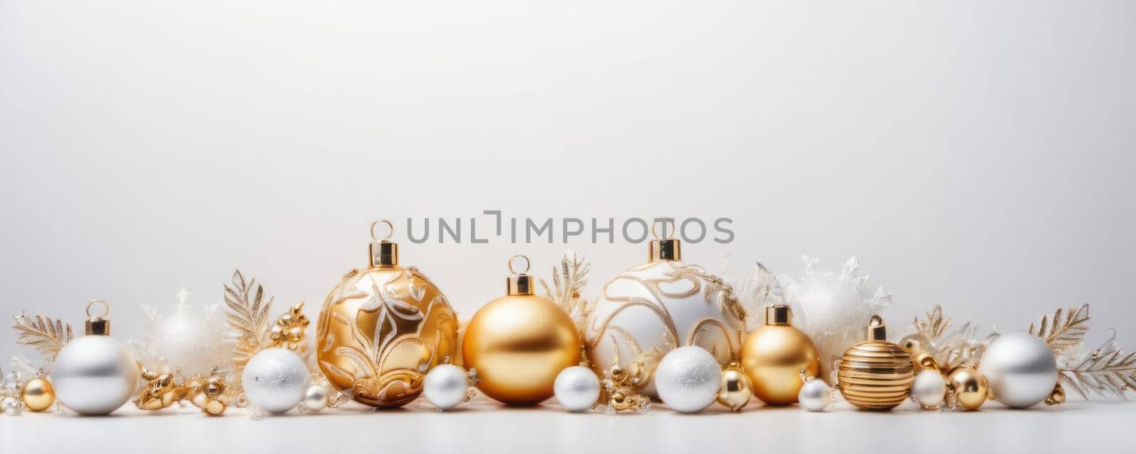 A line of elegant Christmas ornaments in gold and white hues, featuring baubles with various textures and snowflake accents, set against a pure white backdrop for a warm, festive look