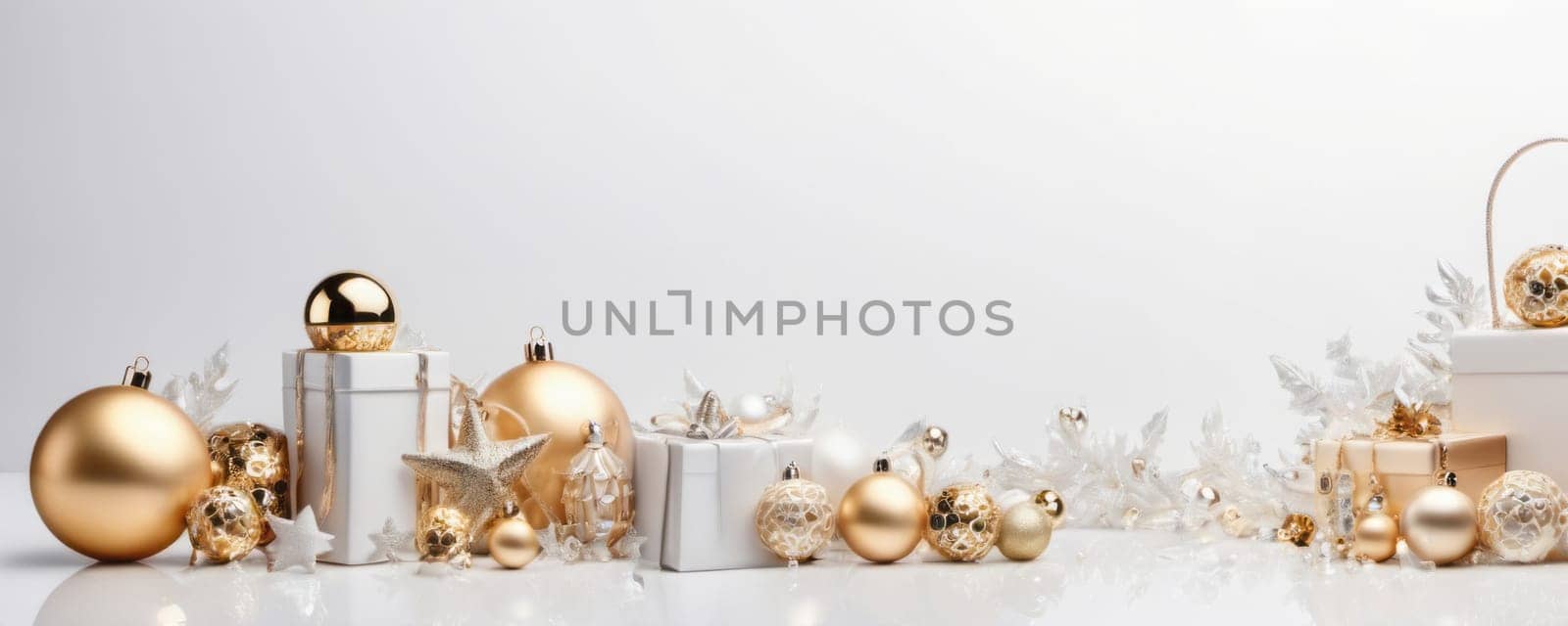 An elegant line-up of Christmas baubles in gold and white, interspersed with golden leaves and white snowflakes, against a plain backdrop, exuding luxury and festive cheer