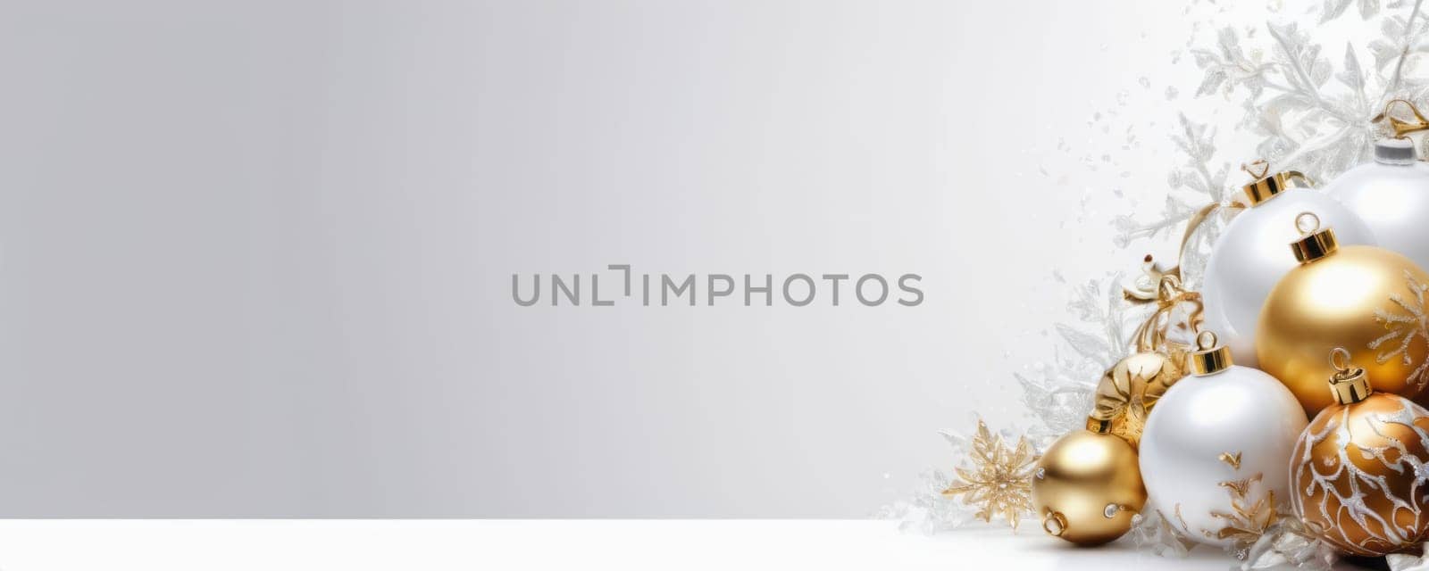 A collection of glossy Christmas ornaments in gold and white, adorned with intricate details, set against a gradient gray backdrop with golden foliage accents