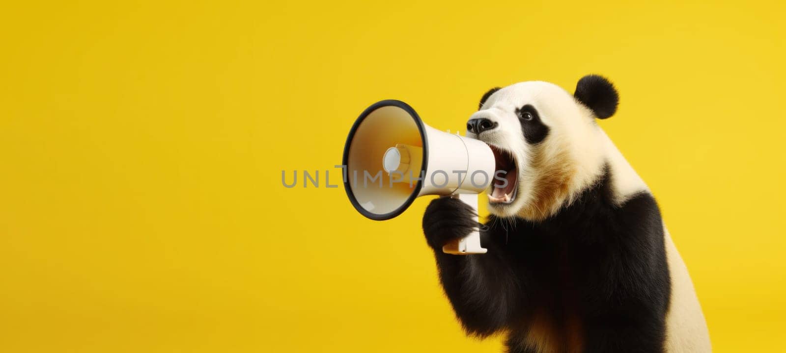 Panda with loudspeaker on yellow background by andreyz