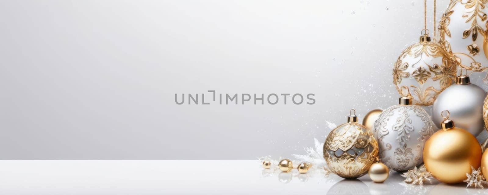 An array of ornate Christmas ornaments in gold, silver, and white, beautifully arranged on a reflective surface with a gradient gray backdrop