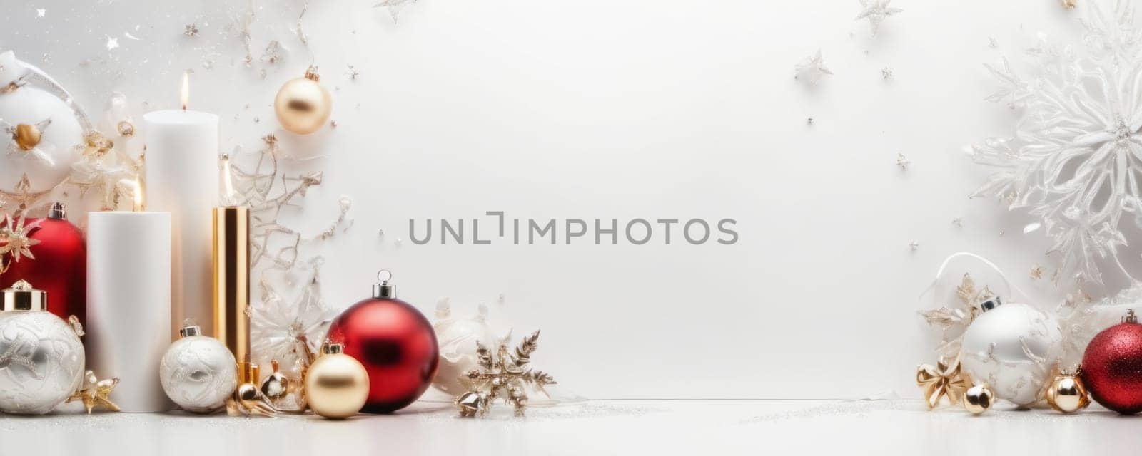 A magical Christmas scene with red and gold baubles, white candles, and golden twigs on a light background adorned with snowflakes