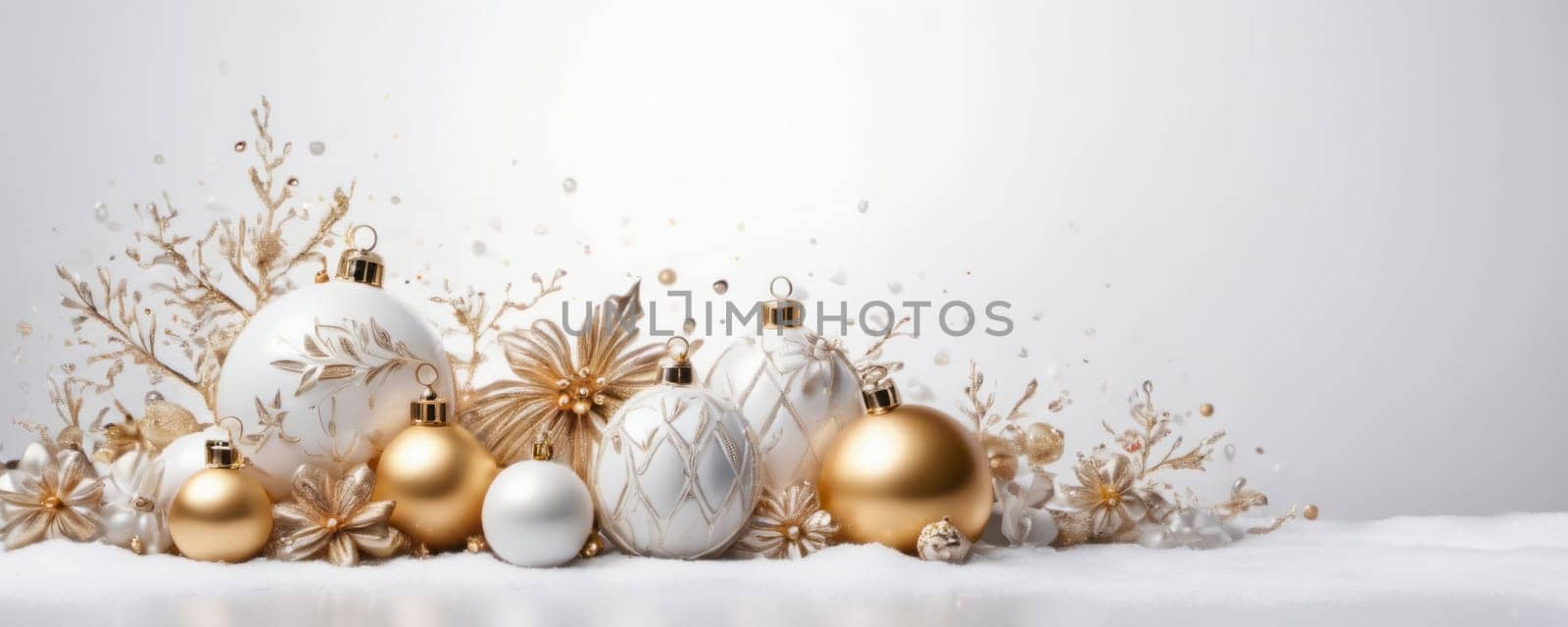 An array of ornate Christmas ornaments in gold, silver, and white, beautifully arranged on a reflective surface with a gradient gray backdrop