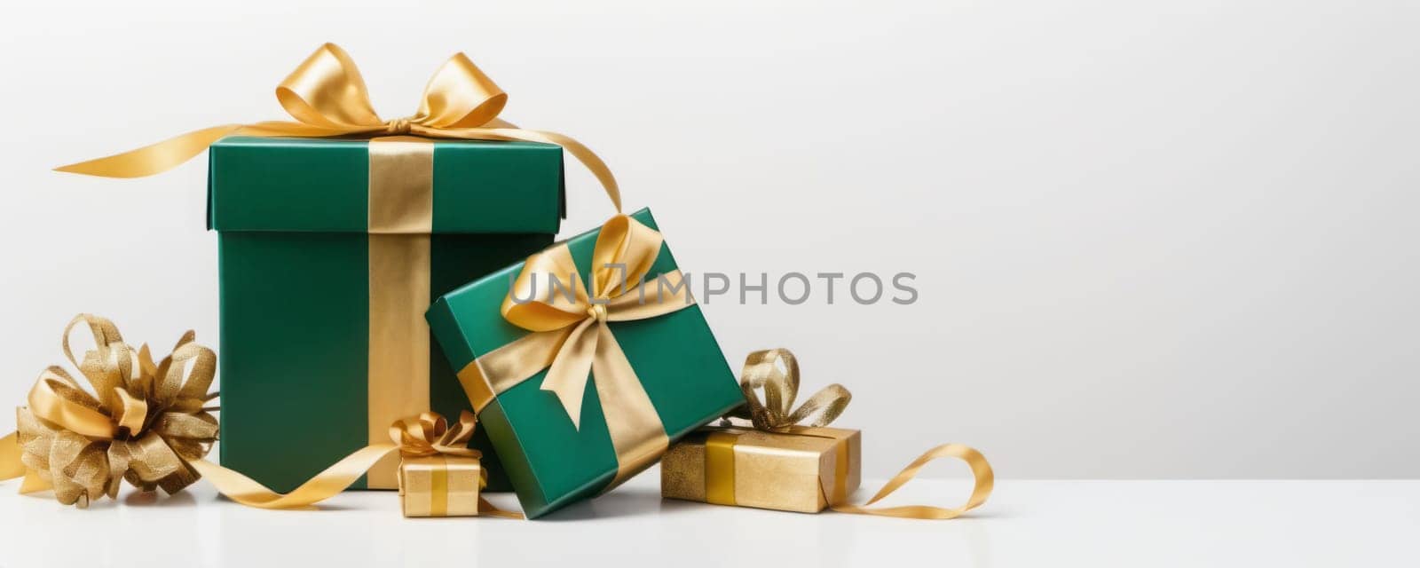 Gift boxes wrapped in green and gold, with shiny ribbons, set against a white backdrop, creating an elegant festive presentation