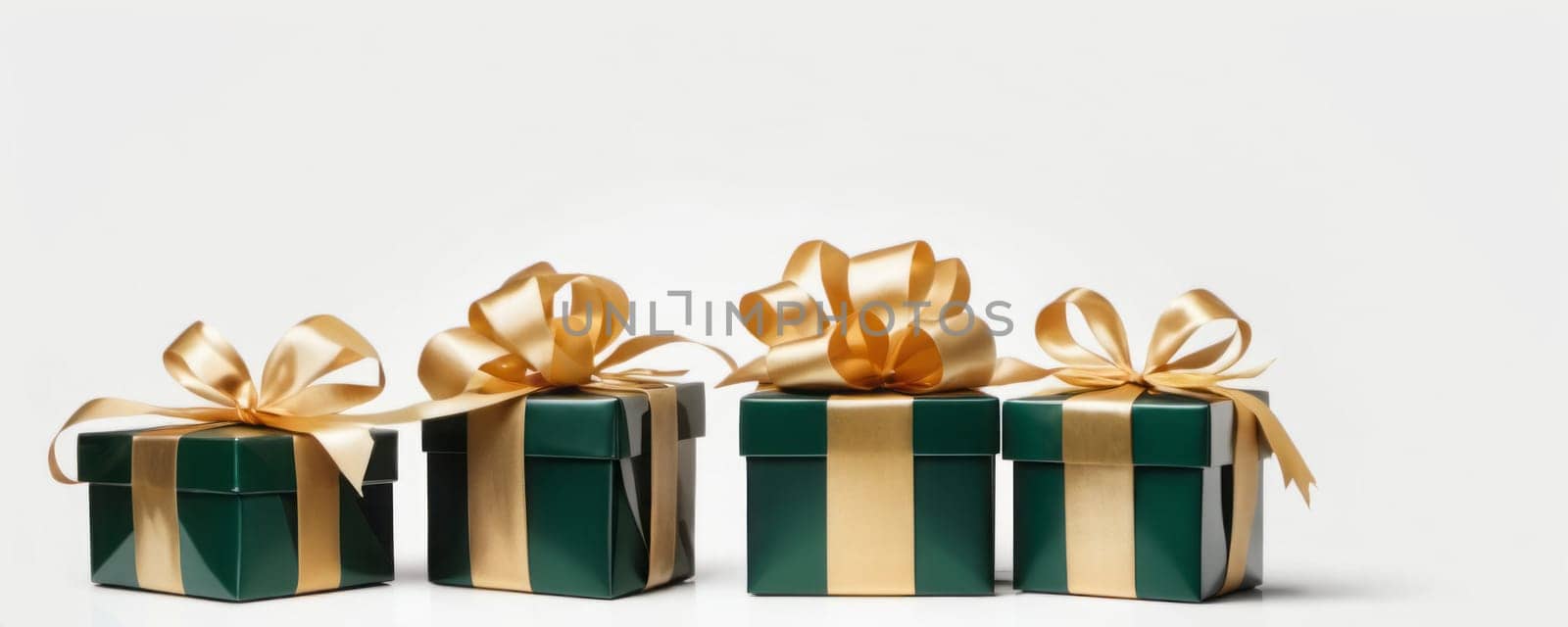 Four square-shaped gift boxes wrapped in dark green paper with golden ribbons, exuding elegance and luxury