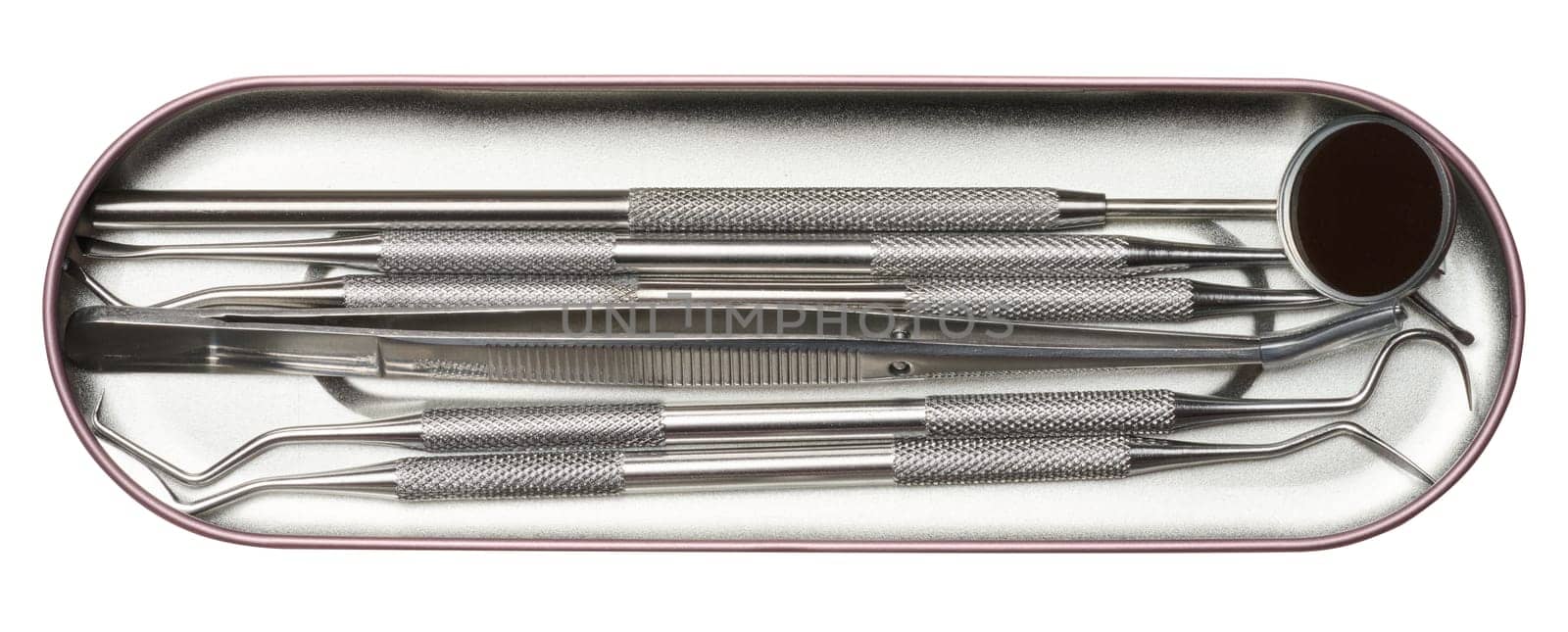 Dentist medical instruments set in metal box on isolated background, top view