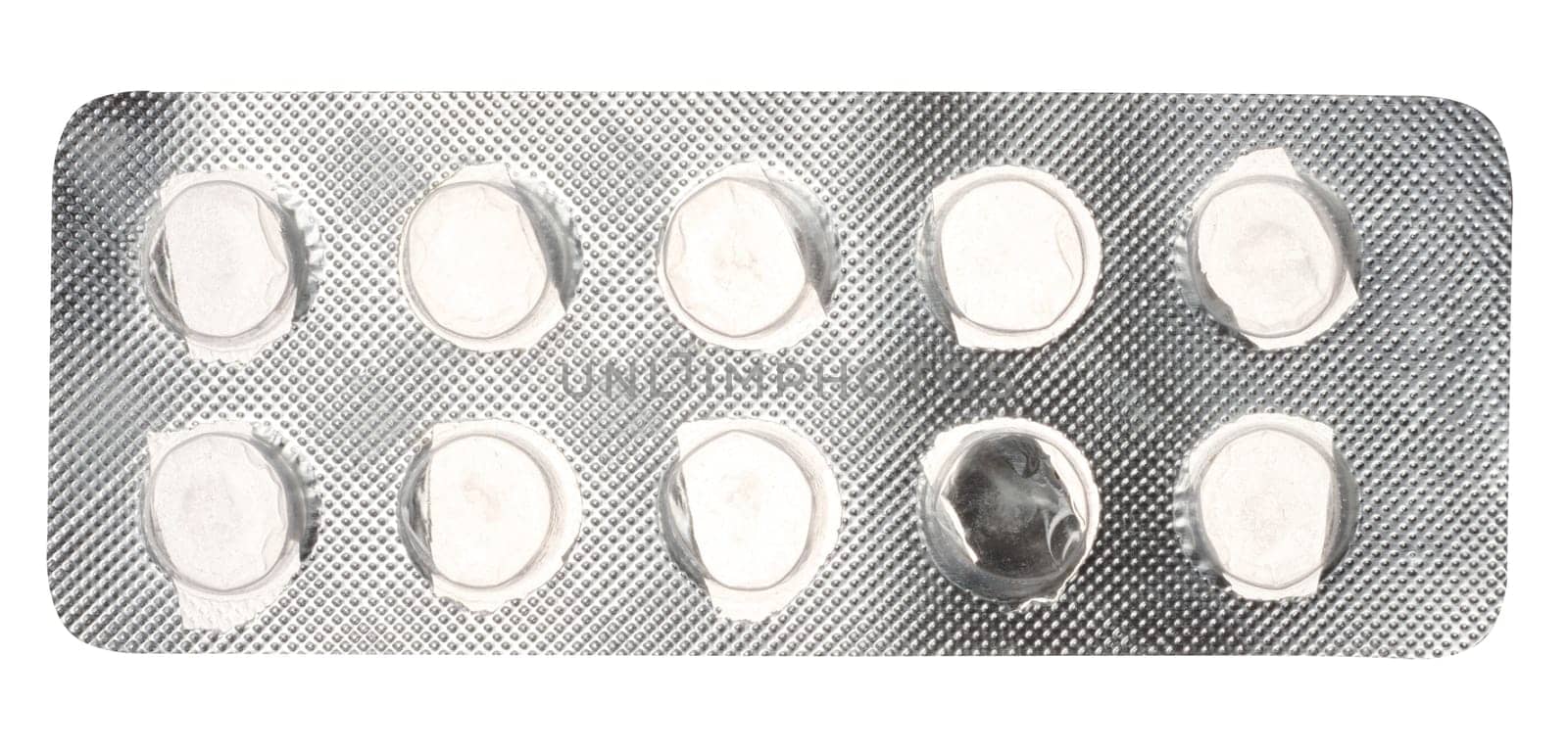 Empty blister pack of round pills on a white isolated background, top view