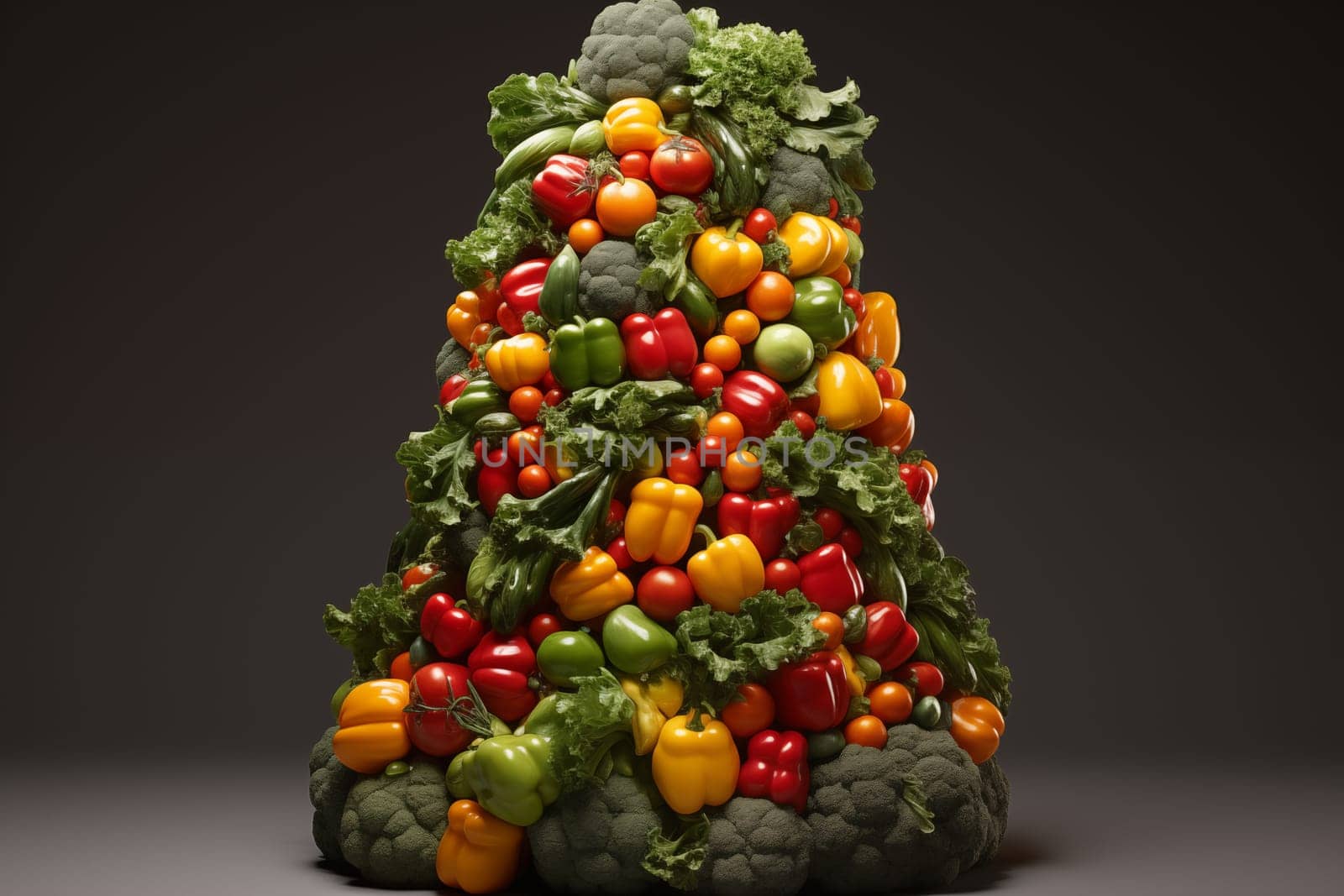 Christmas tree made of fresh vegetables in the shape of a pyramid,isolated on a gray background