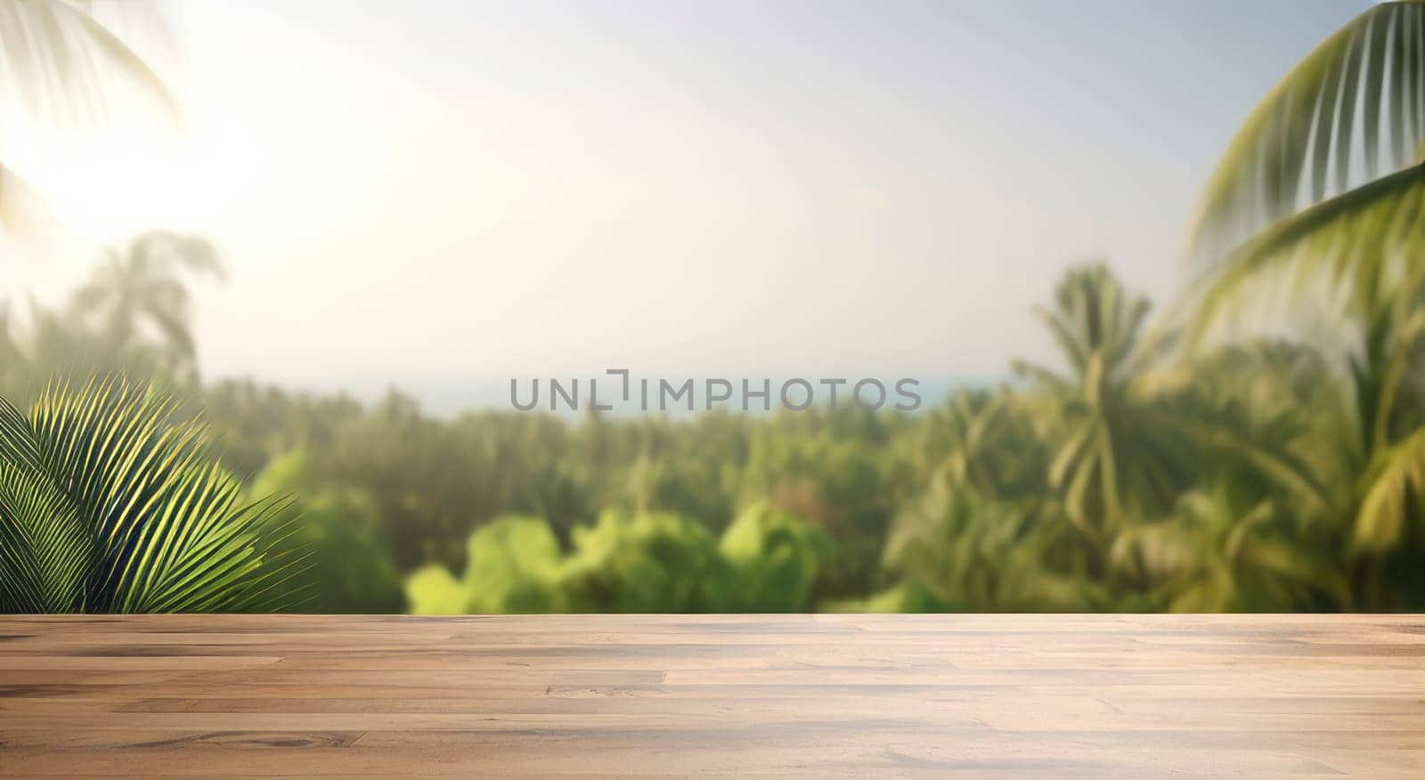 wooden table top against the background of tropical trees and sky.