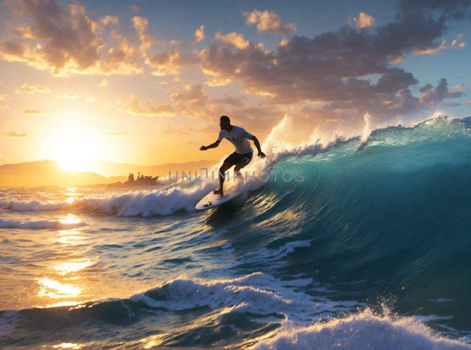 one male surfer catch waves in the sea at sunset in idyllic place beach ai generated