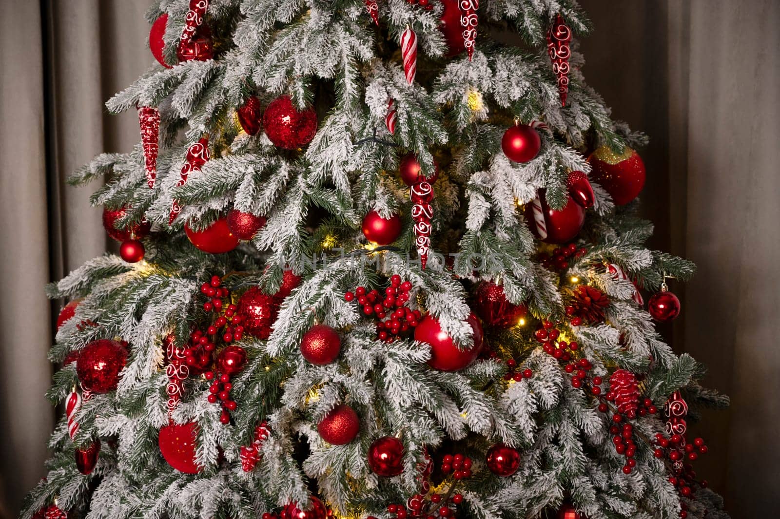 Christmas tree decorated in red colors, year of the dragon, 2024