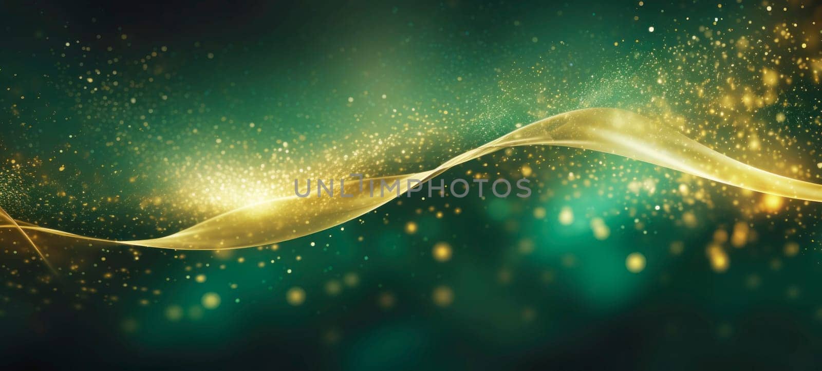 Waves of golden sparkles, shiny glitter bokeh lights on green background. Abstract festive background for card, flyer, invitation, placard, voucher, banner