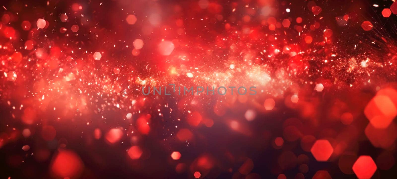Abstract background with red fireworks, sparkles, shiny bokeh glitter lights. Festive background for card, flyer, invitation, placard, voucher, banner