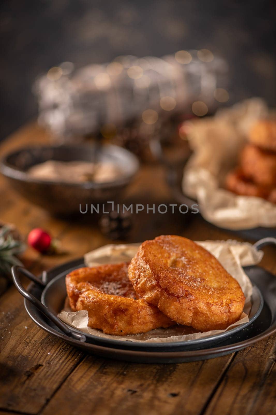 Traditional Portuguese Christmas Rabanadas. Spanish Torrijas on kitchen countertop.