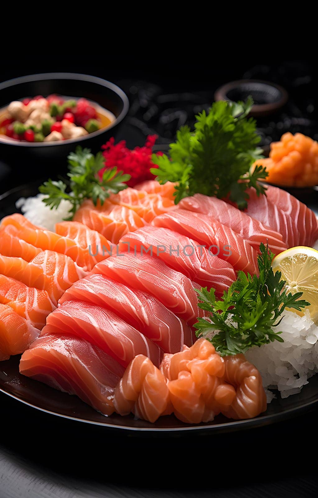 A vibrant platter of sashimi and sushi, adorned with delicate slices of salmon and garnished with fresh herbs, invites the senses to indulge in a raw and exquisite feast fit for a king, surrounded by the cozy ambiance of an indoor setting