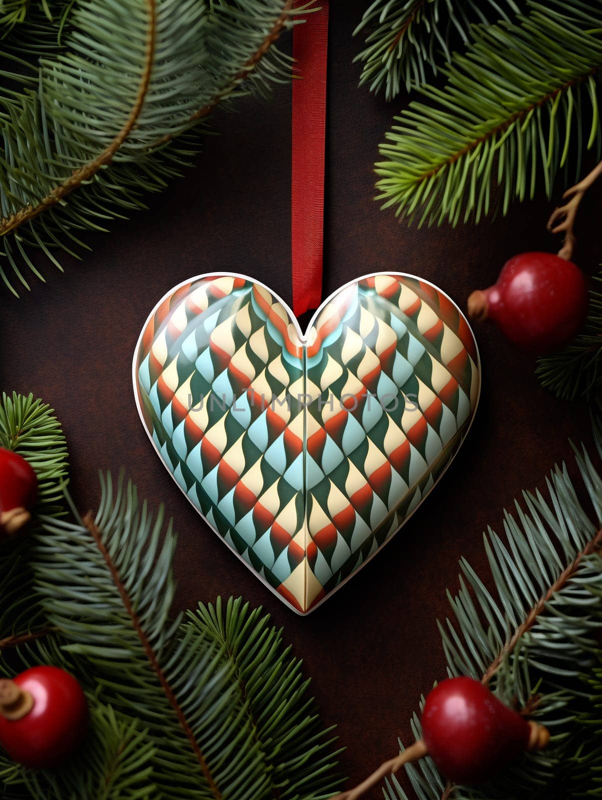 Festive Heart Ornament Amidst Pine Branches by chrisroll