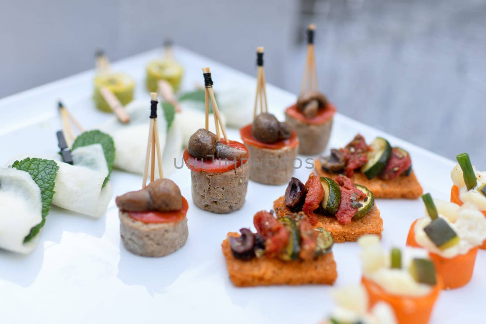 Small Canapes appetizers at the wedding