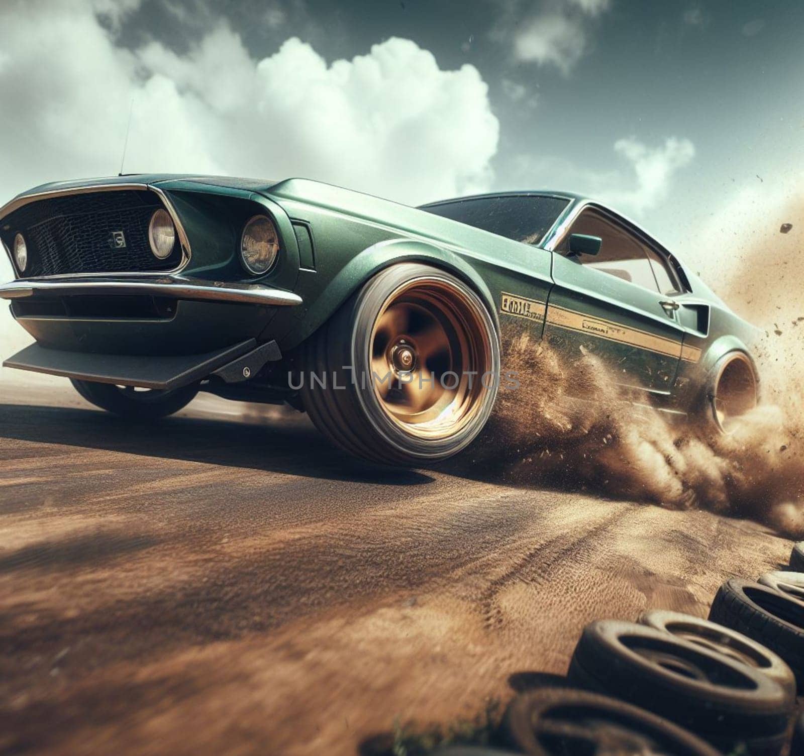 american mustang muscle classic car drift burn rubber in rally race in the street by verbano