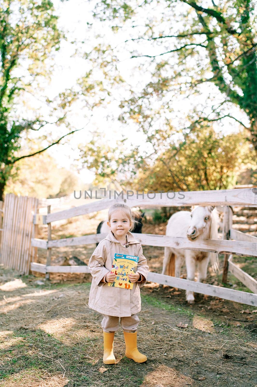 Little girl with a colorful book stands in front of a pony paddock on a farm. High quality photo