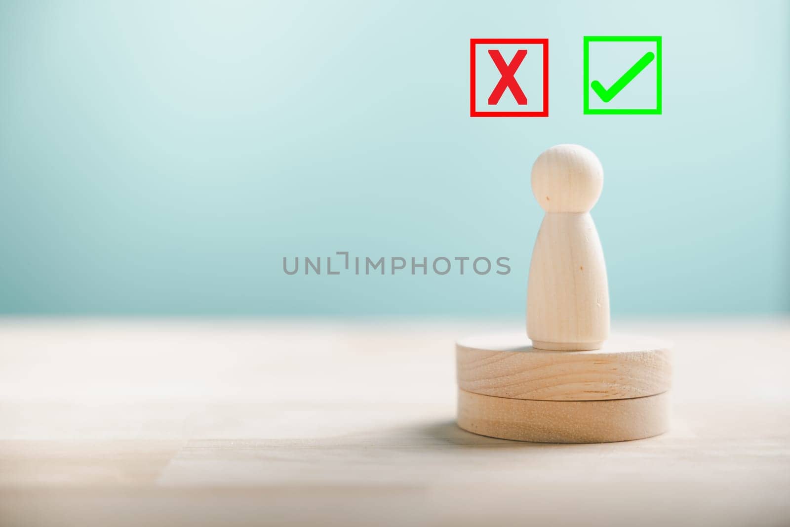 Displaying people's choices on wooden blocks between right and wrong reflecting yes or no. True and false symbols signify business decision-making. Think With Yes Or No Choice.