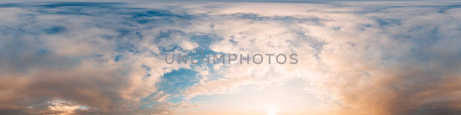 Bright sunset sky panorama with Cirrus clouds. Seamless hdr spherical equirectangular 360 panorama. Sky dome or zenith for 3D visualization, game and sky replacement for aerial drone 360 panoramas.