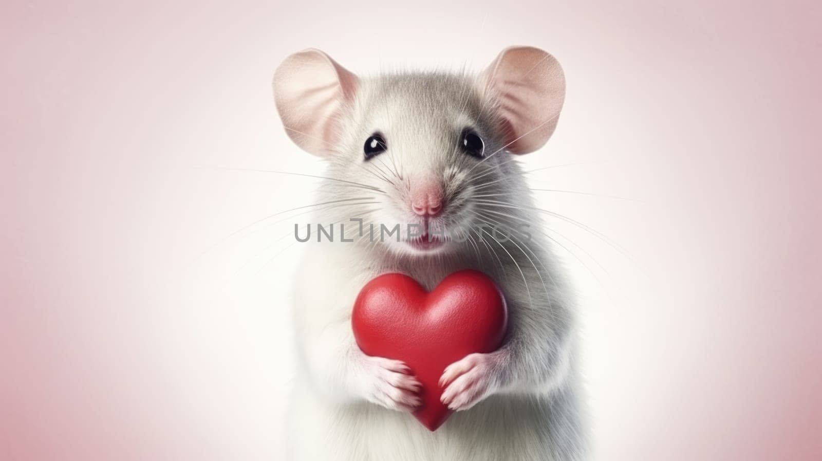 Cute mouse with red heart on white background. Love from hamster. Valentine's Day. by JuliaDorian