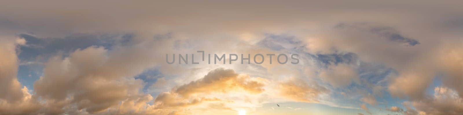 360 sky panorama of vibrant golden Cumulus clouds at sunset, seamless hdr equirectangular format. Full zenith for 3D visualization and sky replacement by panophotograph