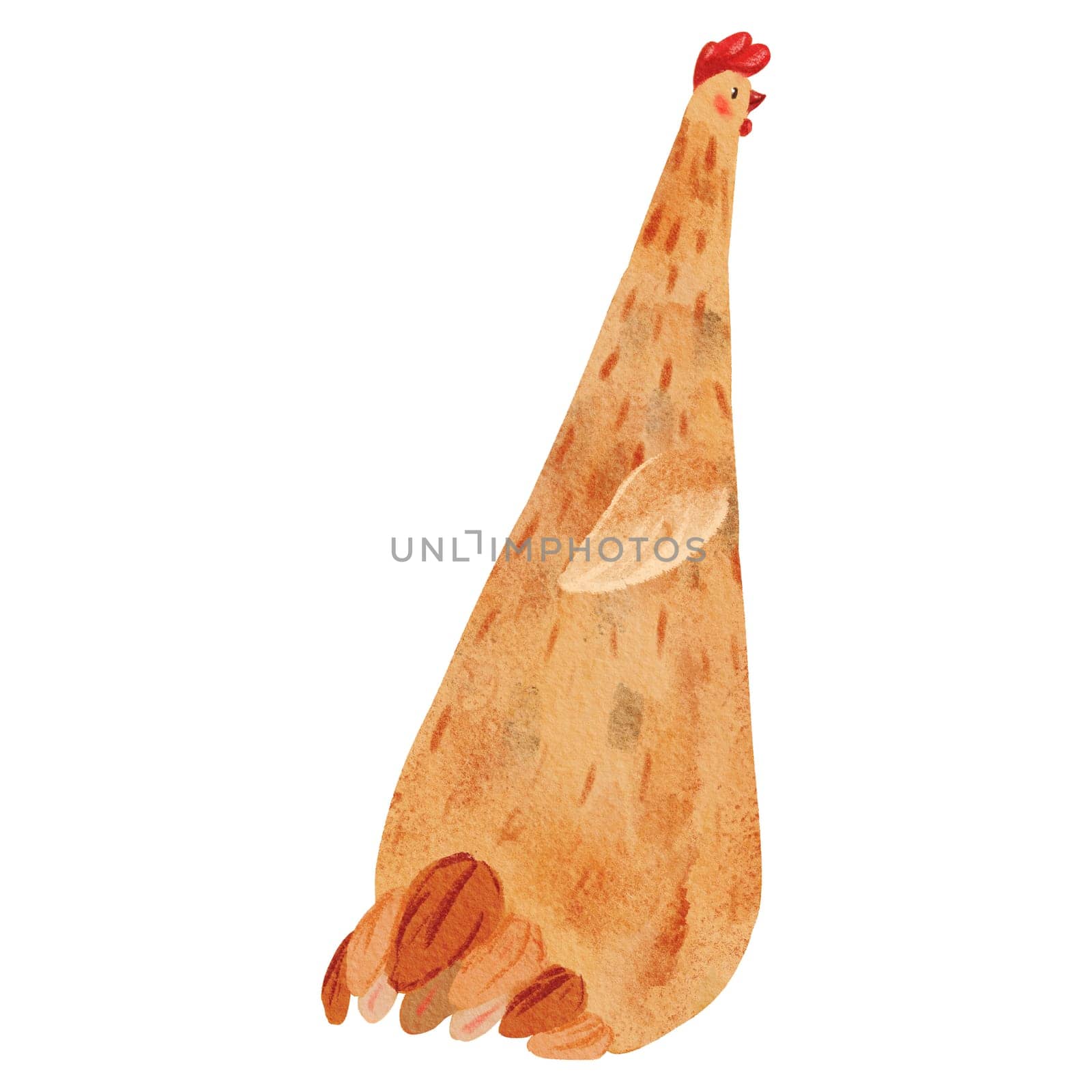 Watercolor artwork in a playful cartoon style. a speckled hen. The illustration captures the whimsy chicken. Perfect for creating a light-hearted and cheerful ambiance, for children's designs.