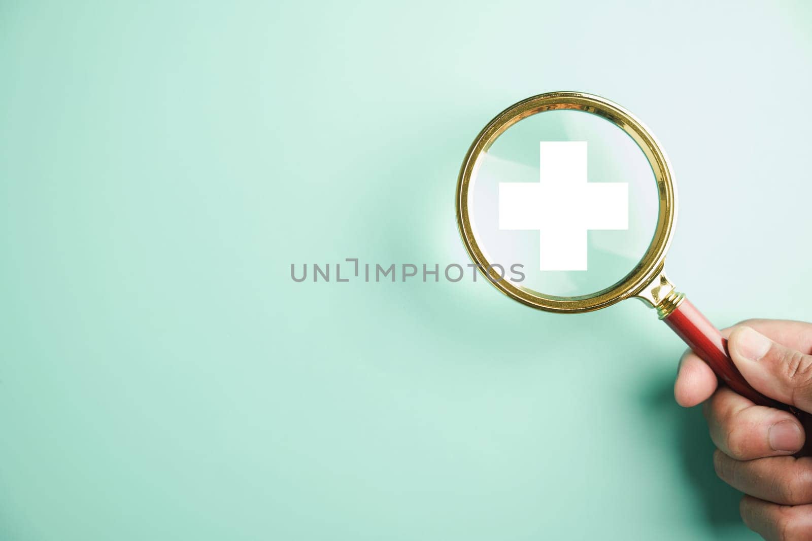 Health insurance represented, Hand and magnifying glass highlight plus symbol and healthcare icon. Showcases welfare health access, innovation, and improved care. health concept