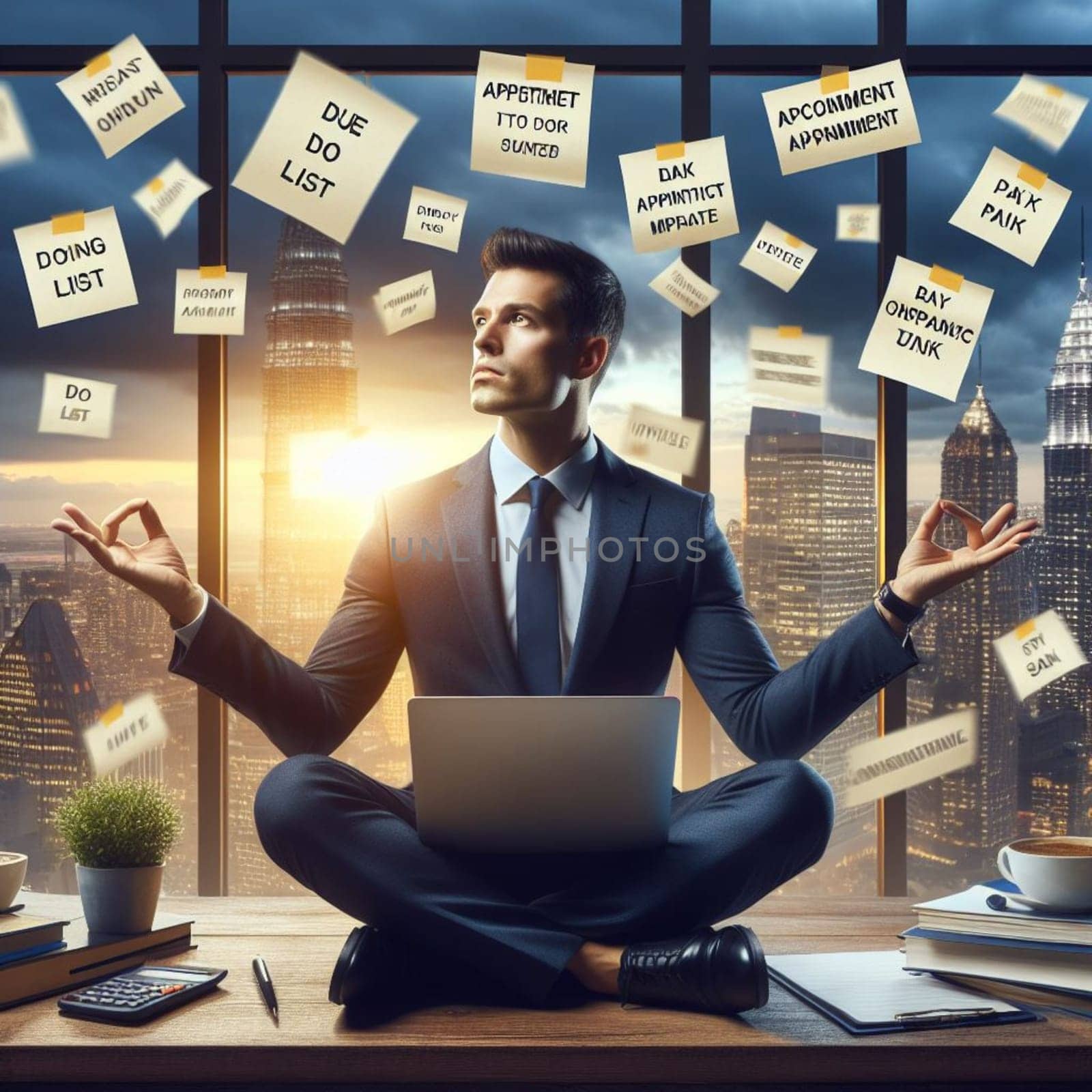 a stressed man covered of post it notes in lotus yoga position relaxing at the office ai generated