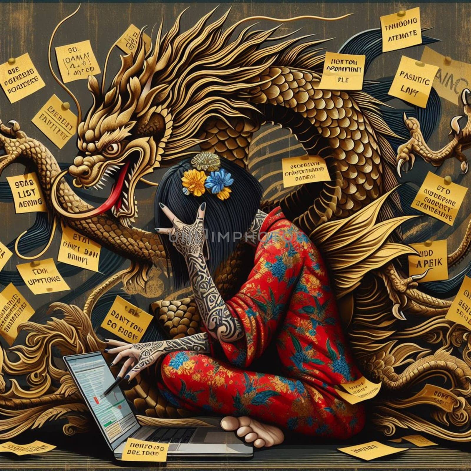 a stressed woman and chinese dragon icon covered of post it notes working with laptop in the office by verbano