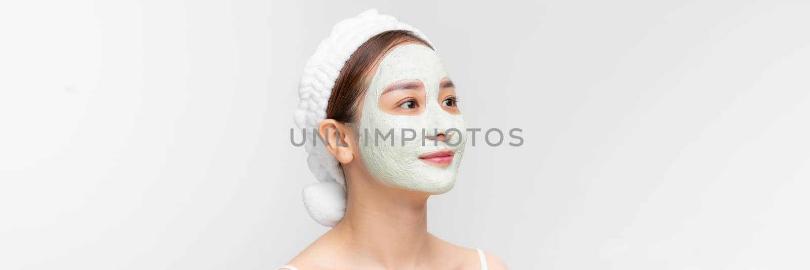 woman smiling facial skin care portrait on white banner background
