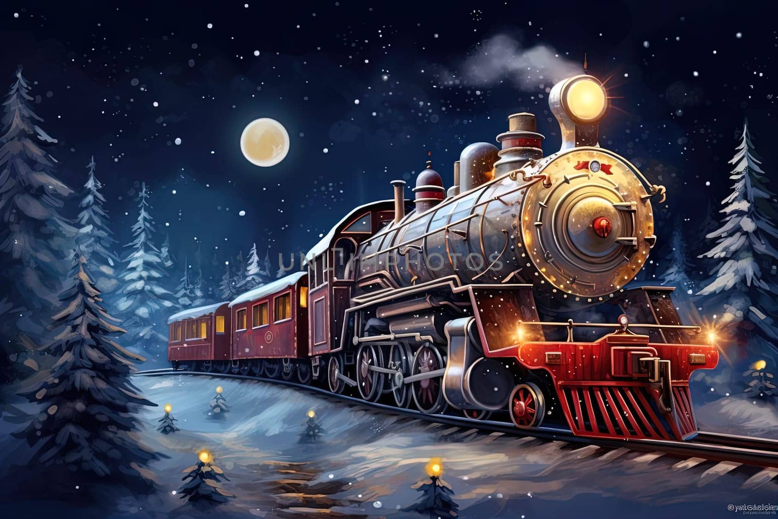 vintage steam-powered Christmas train travels through a snowy forest, moonlight, night. Christmas, New Year greeting card, copy space.