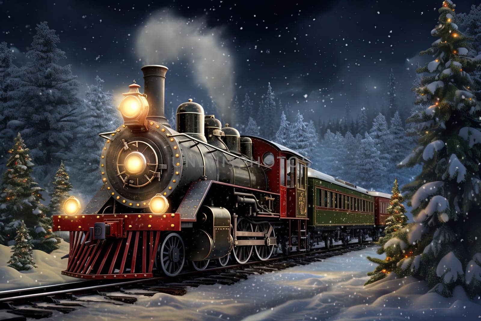 vintage steam-powered Christmas train travels through a snowy forest. Christmas, New Year greeting card, copy space.