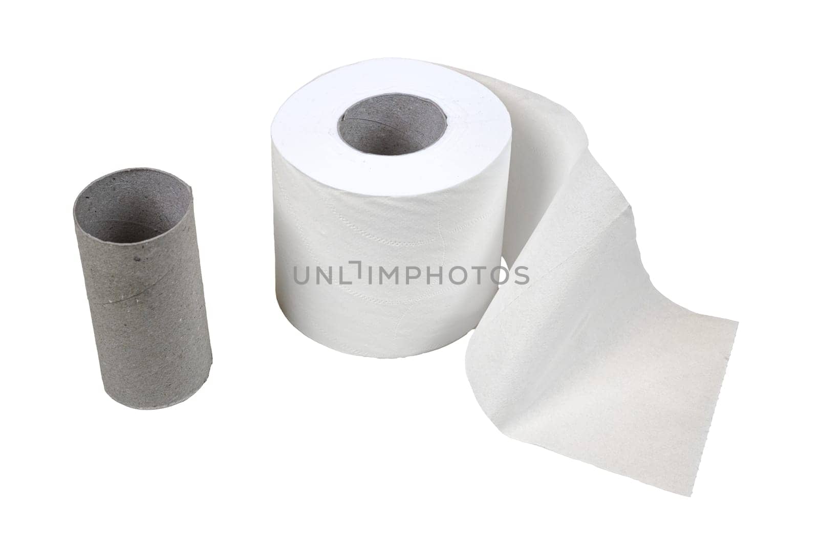 one whole and one finished toilet paper roll on a transparent background