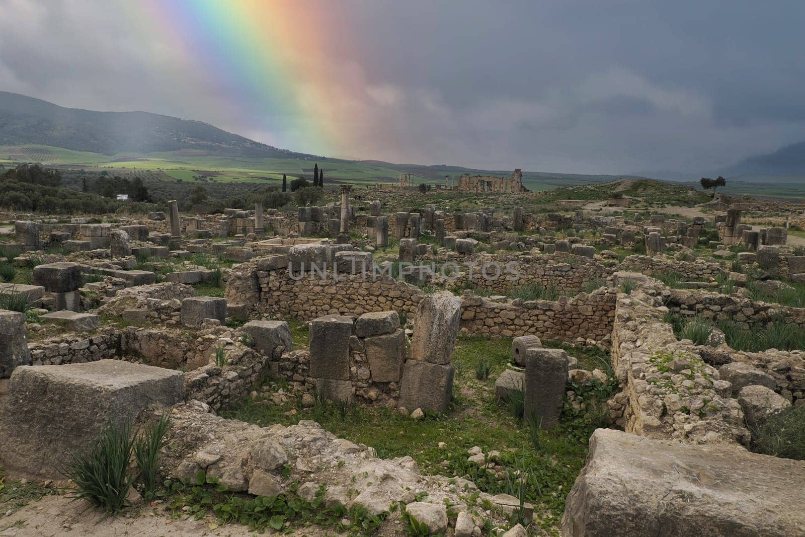 Volubilis Roman ruins in Morocco- Best-preserved Roman ruins located between the Imperial Cities of Fez and Meknes on a fertile plain surrounded by wheat fields.