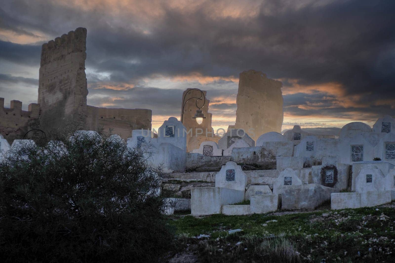 white tombstones Old cemetery of fez el Bali medina Morocco.