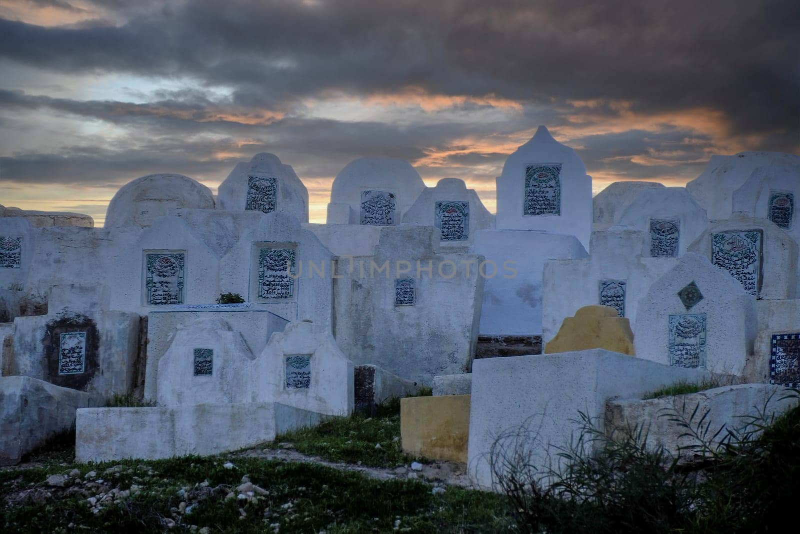 white tombstones Old cemetery of fez el Bali medina Morocco.