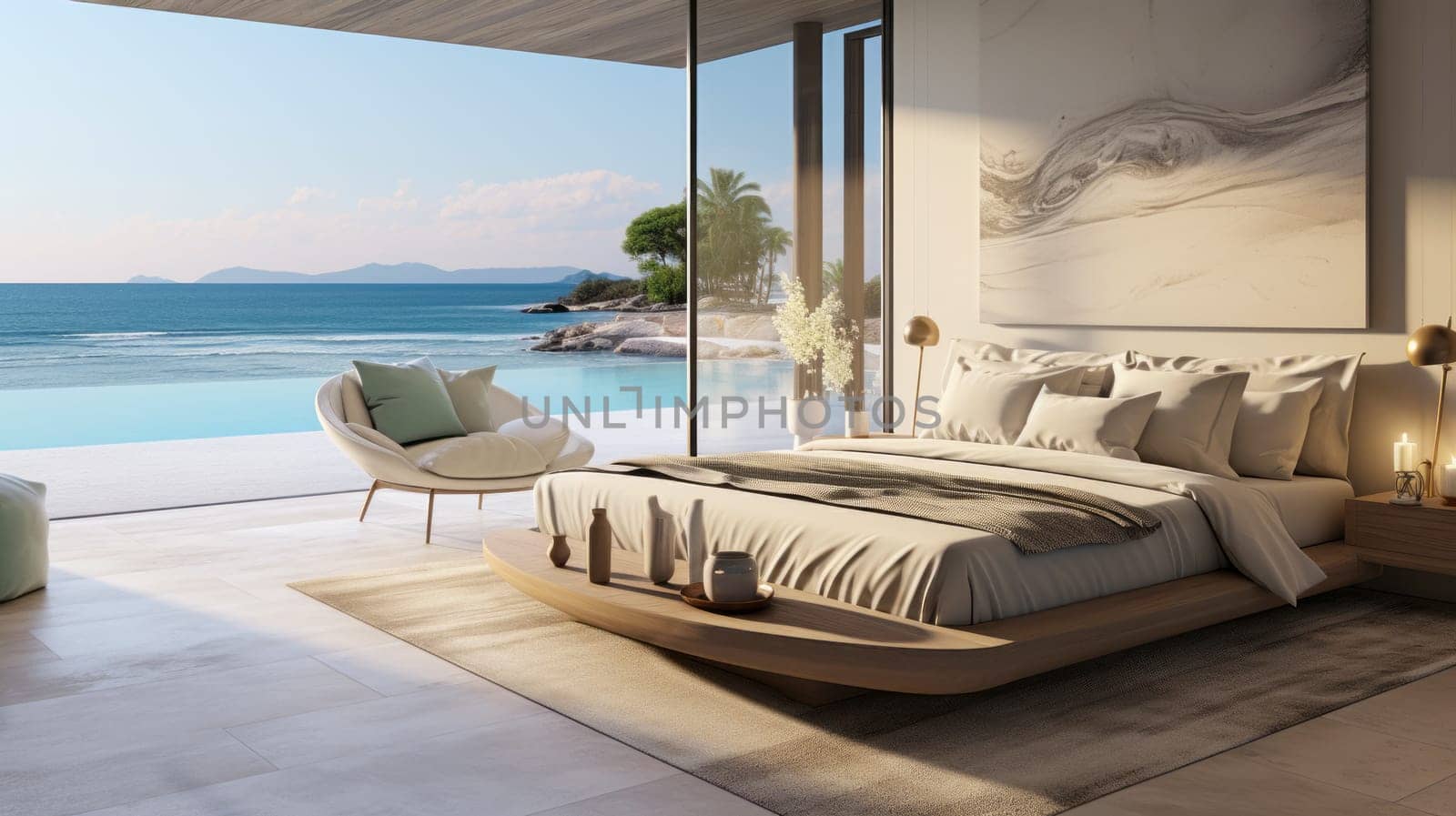 Luxury Hotel Modern interior bedroom with large windows. Summer scene ocean side. by NataliPopova