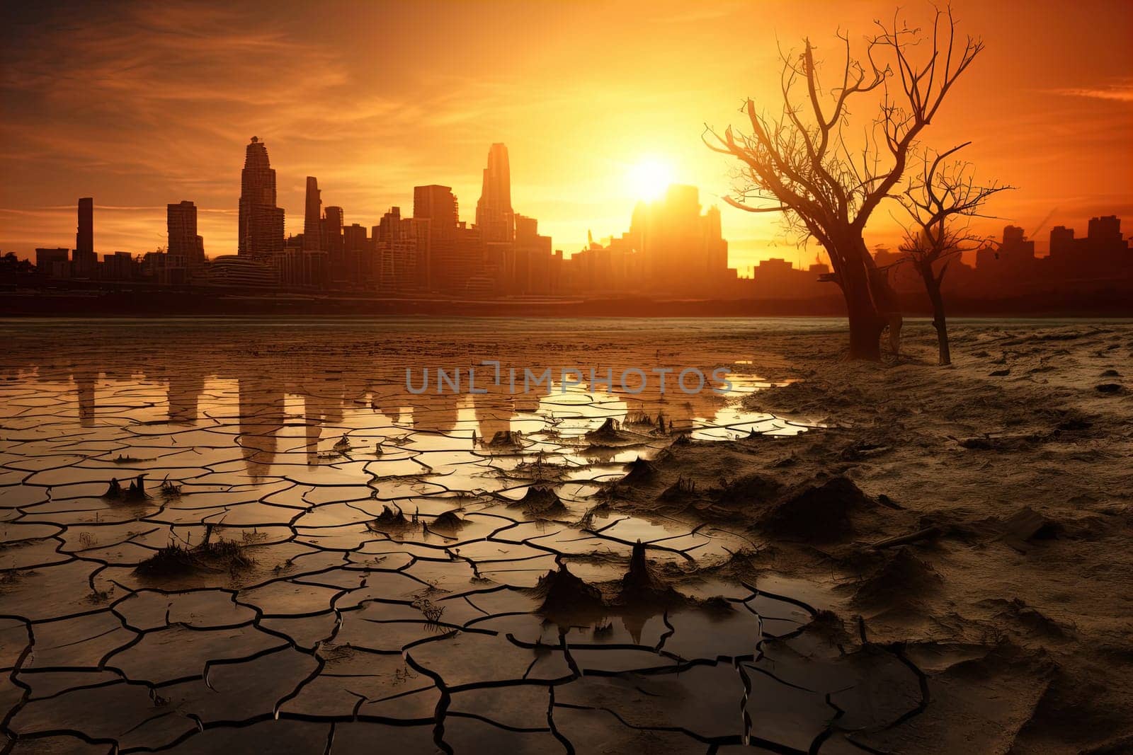 Apocalyptic picture. Urban decay, the fall of civilization, an abandoned empty city on the horizon, scorched earth, no one. Destroyed background, grunge, rusty. Concept of destruction, ruin by Proxima13