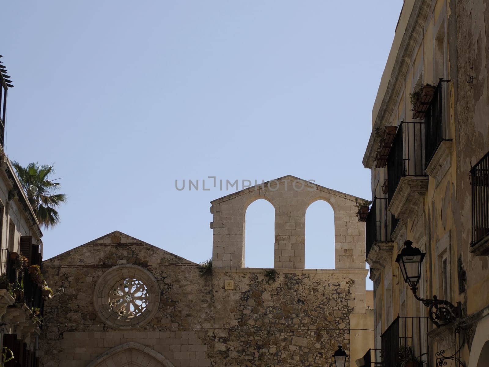 roof less church San Giovanni Battista San Giovannello Giudecca district ortigia syracuse old buildings street view on sunny day Sicily, Italy