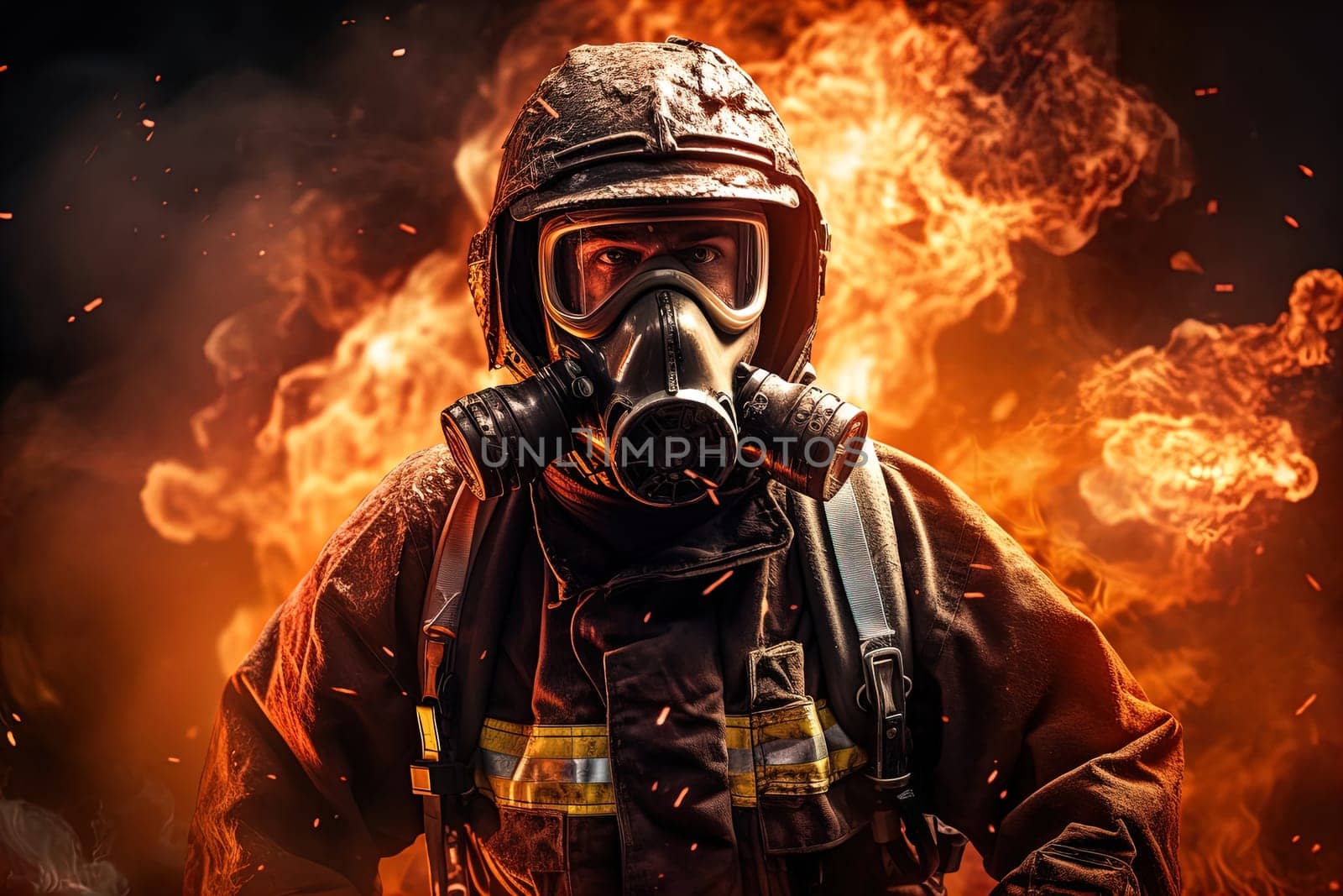 brave man firefighter comes out of the fire wearing special equipment and a gas mask. A Dangerous and Noble Profession, Salvation.