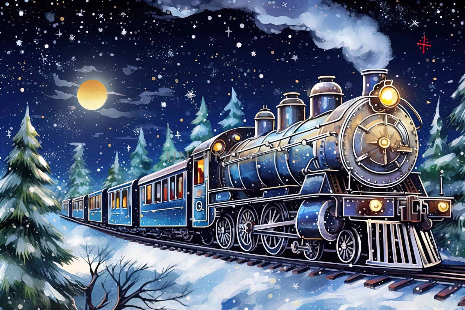 vintage steam-powered Christmas train travels through a snowy forest. Christmas, New Year greeting card. by Proxima13