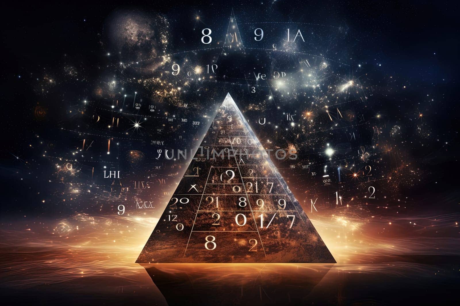 Conceptually flow of thinking, calculation, physical and mathematical formulas, numbers, letters, space, time, physical concepts, scientific research. Abstract background with pyramid closeup