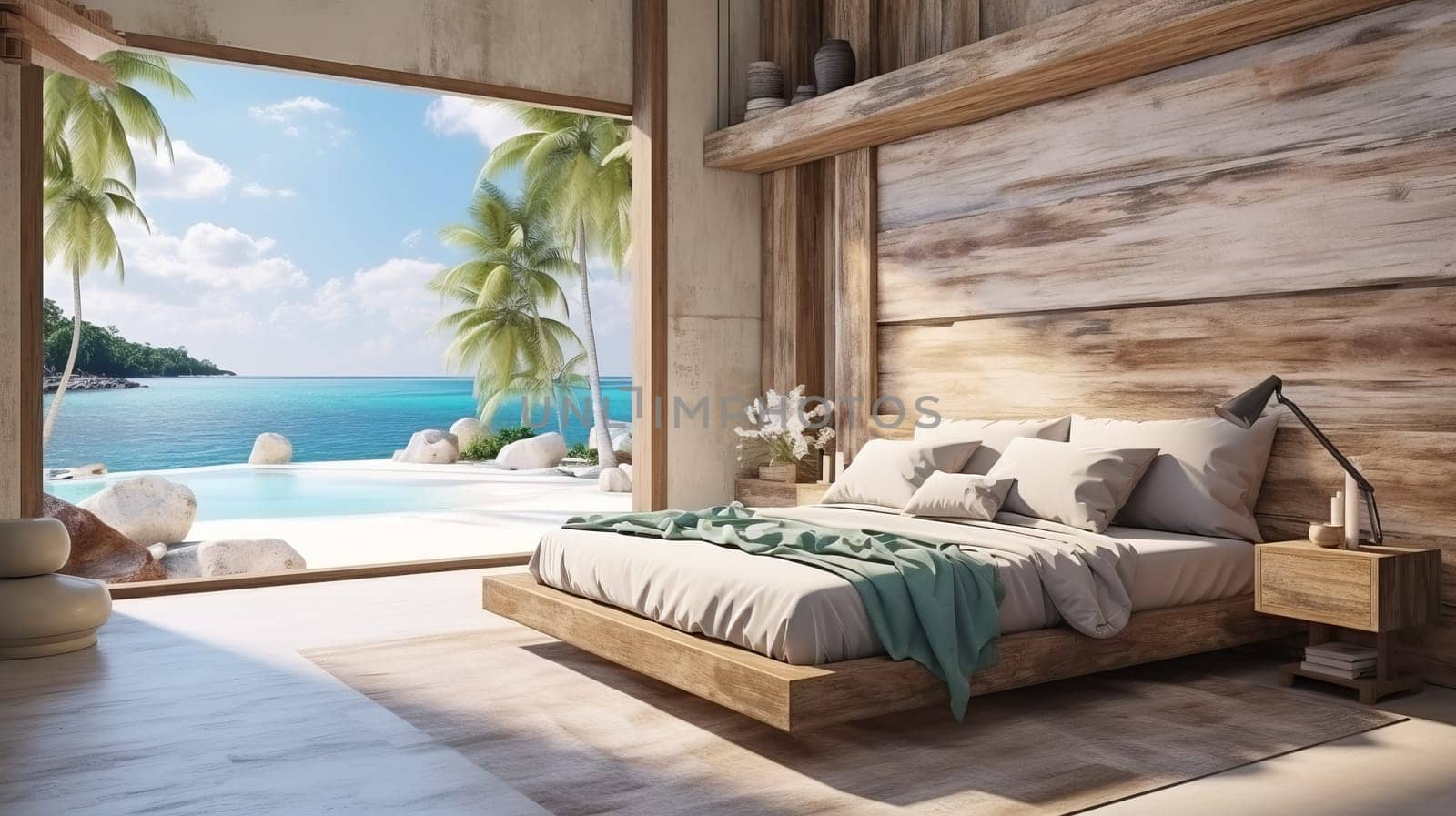 Luxury Hotel Modern interior bedroom with large windows. Summer scene ocean side. Summer, travel, vacation, dreams holiday, resort.