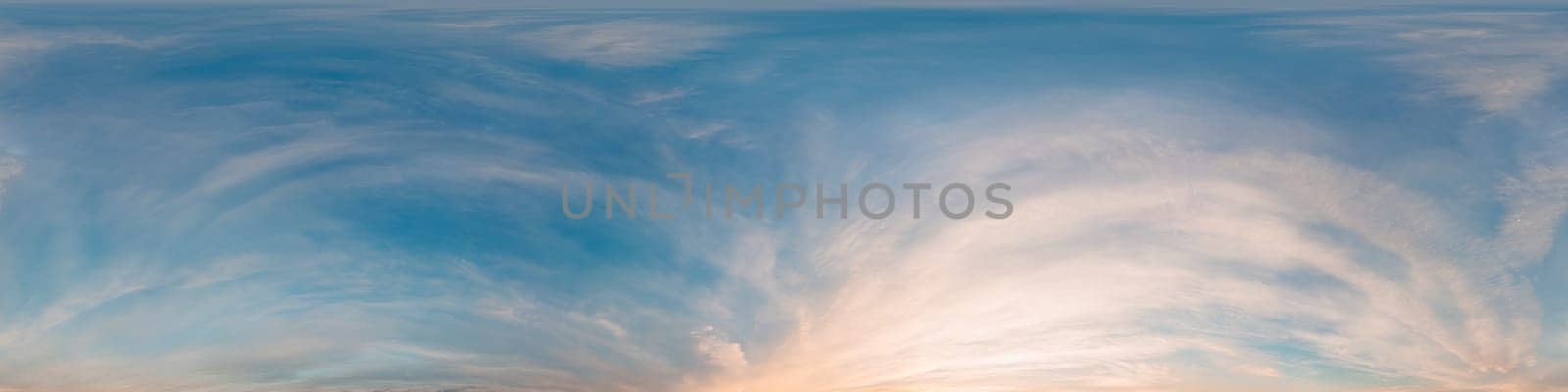 Dark Sunset sky panorama with glowing pink Cirrus clouds. HDR 360 seamless spherical panorama. Full zenith or sky dome in 3D, sky replacement for aerial drone panoramas. Climate and weather change. by panophotograph