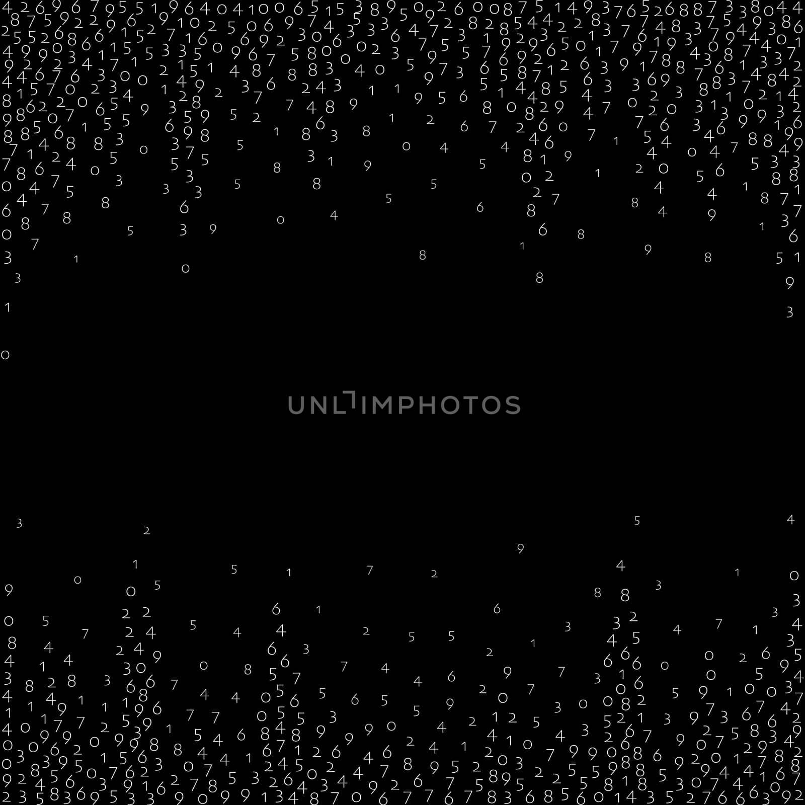 Falling numbers, big data concept. Binary white flying digits. Amazing futuristic banner on black background. Digital illustration with falling numbers.