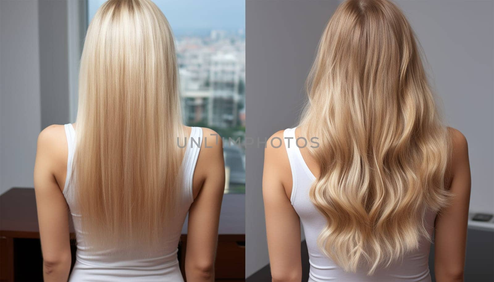 Woman before and after hair extensions on white background. Hair extension, beauty, tress, hair growth, styling, salon concept. Length and volume. Beauty hair treatment concept by Annebel146
