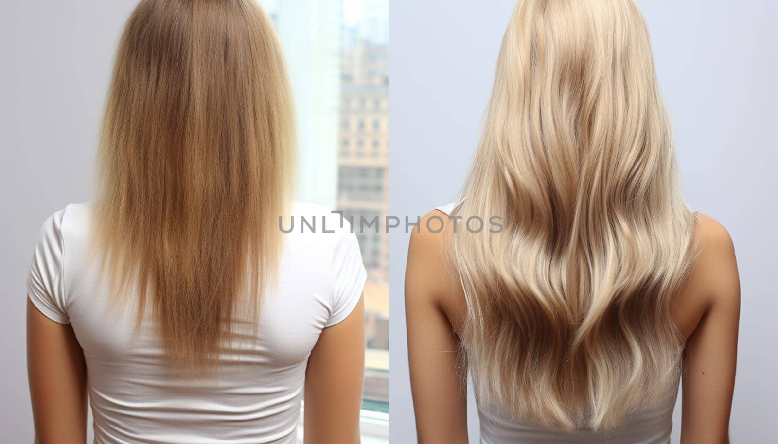 Woman before and after hair extensions on white background. Hair extension, beauty, tress, hair growth, styling, salon concept. Length and volume. Beauty hair treatment concept hair salon